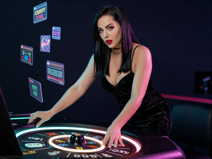 Beef Casino Live-Dealer-Bereich mit Model im Abendkleid am leuchtenden Crazy Time Spiel-Tisch